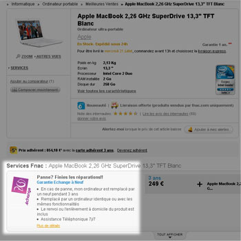 capture d'écran d'une fiche article avec section 'Services Fnac'