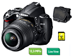 zoom de l'image Nikon D5000 + Obj. Nikon AF-S DX VR 18 - 55 mm f/3.5 - 5.6 G + Fourre-tout Nikon + Carte SDHC 4 Go