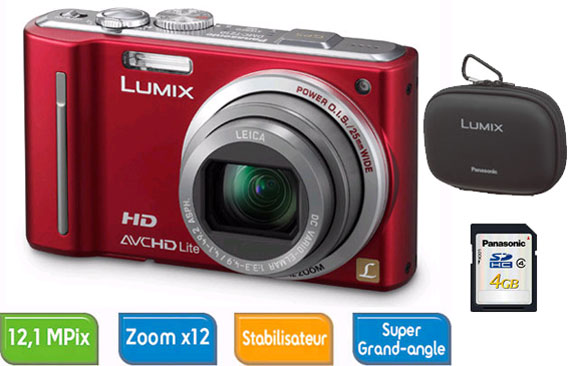 Panasonic Lumix DMC-TZ10 EF-R Rouge + Pack Accessoires : Etui + Carte SDHC 4 Go